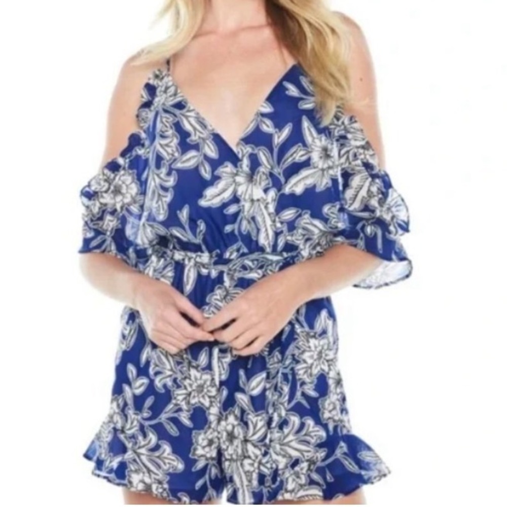 BARDOT blue floral cold shoulder romper
